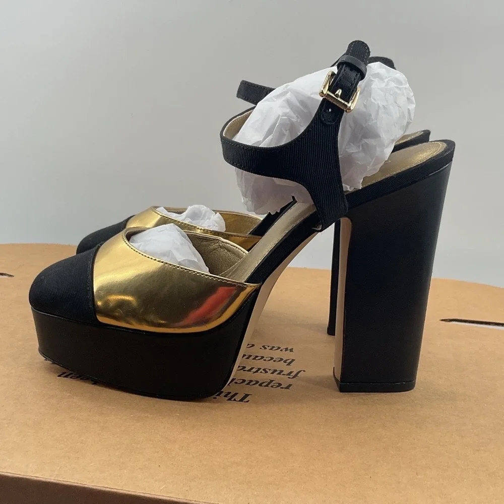 Michael Kors Bennett Gold Black Platform Block Heel Sandals Womens 6M Resort 19